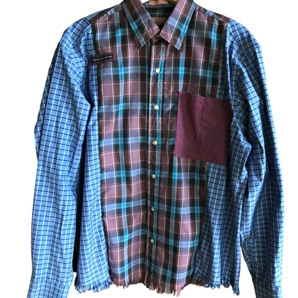 Upcycled Patchwork Button-Down Shirt, Size M-L: Boho Fringed Hem, Mixed Print - Picture 1 of 13